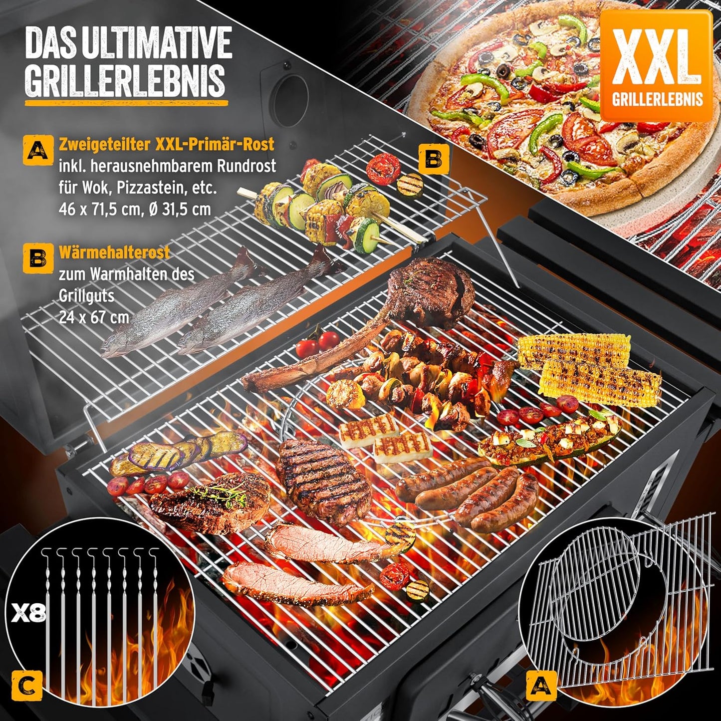 KESSER Wózek Grillowy XXL na Węgiel Drzewny – Pokrywa, Termometr, Ruszt 56x41cm