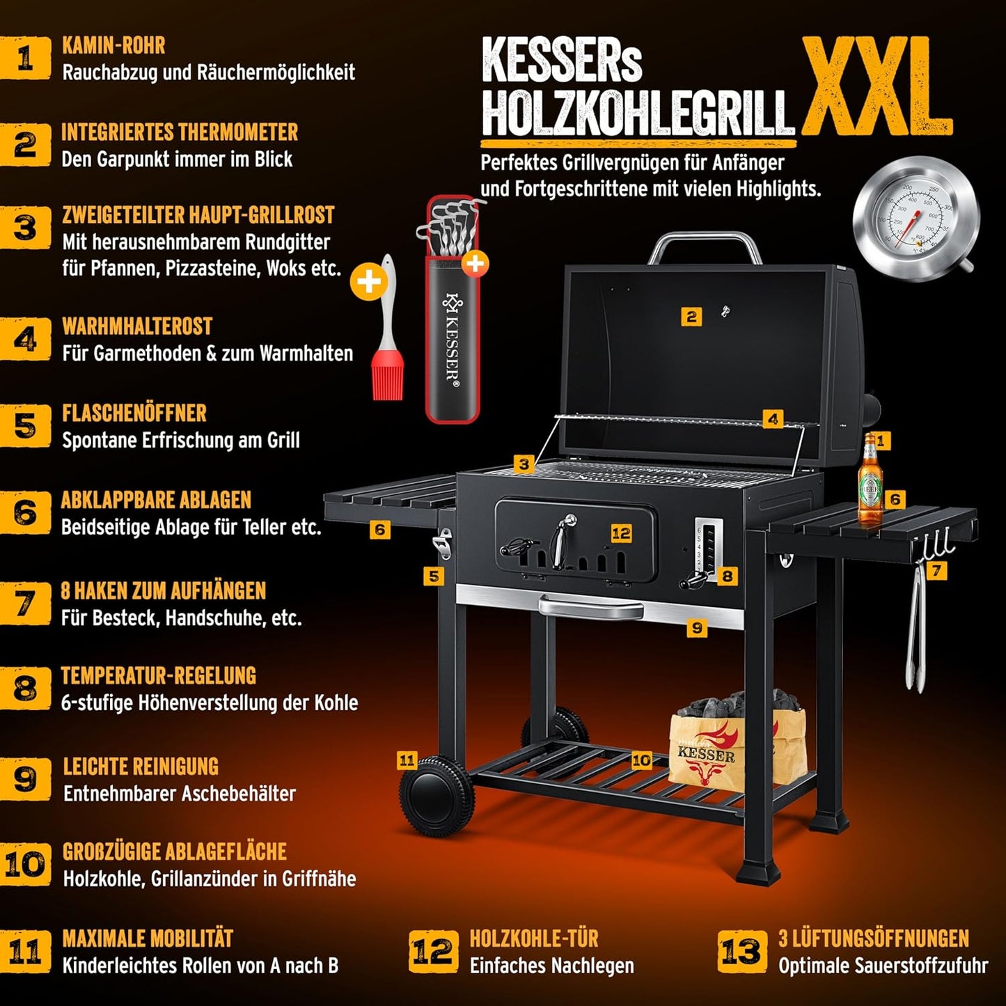 KESSER Wózek Grillowy XXL na Węgiel Drzewny – Pokrywa, Termometr, Ruszt 56x41cm