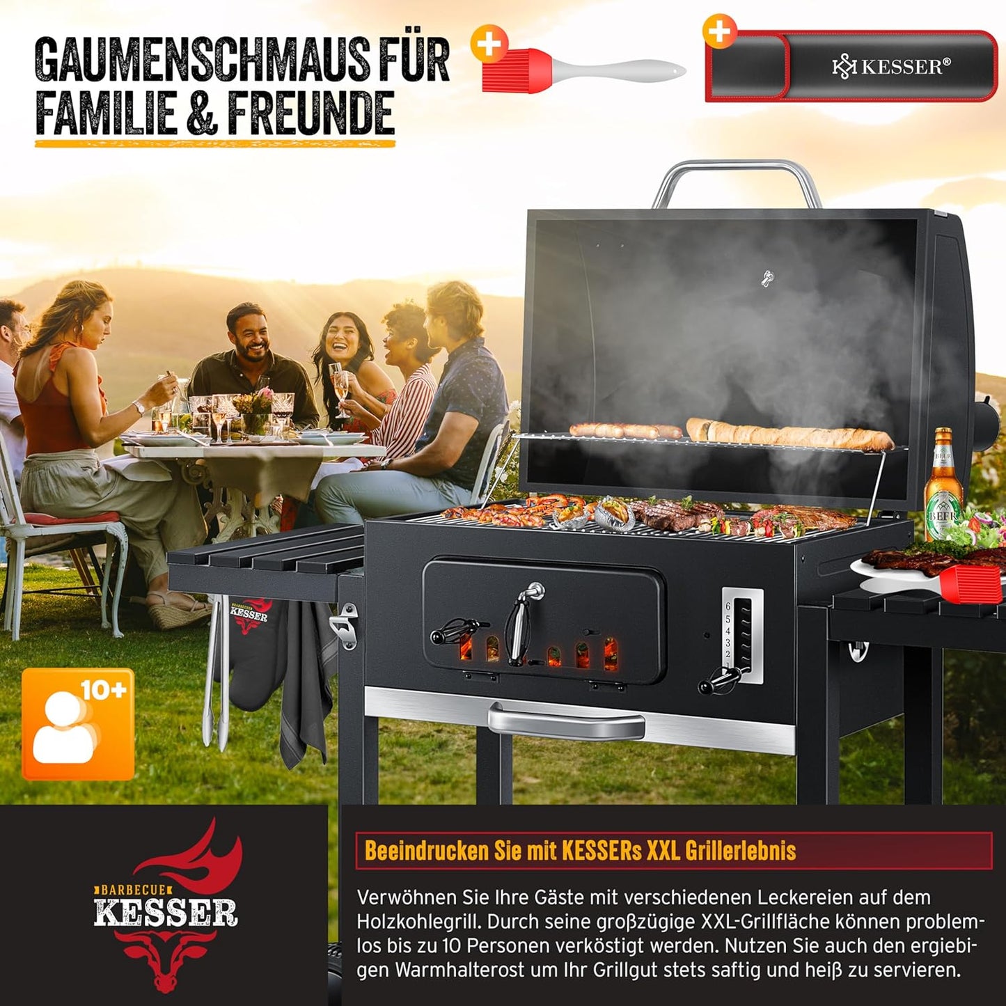 KESSER Wózek Grillowy XXL na Węgiel Drzewny – Pokrywa, Termometr, Ruszt 56x41cm